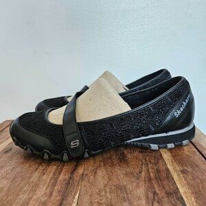 Skechers Leather Mary Jane Shoe Women Size 7.5 Floral Lace Black Ballet FlatsY2K